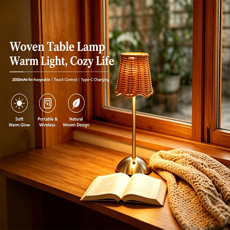 Desk Setup Light - Bohemiczna tkana lampa stołowa z rattanu,